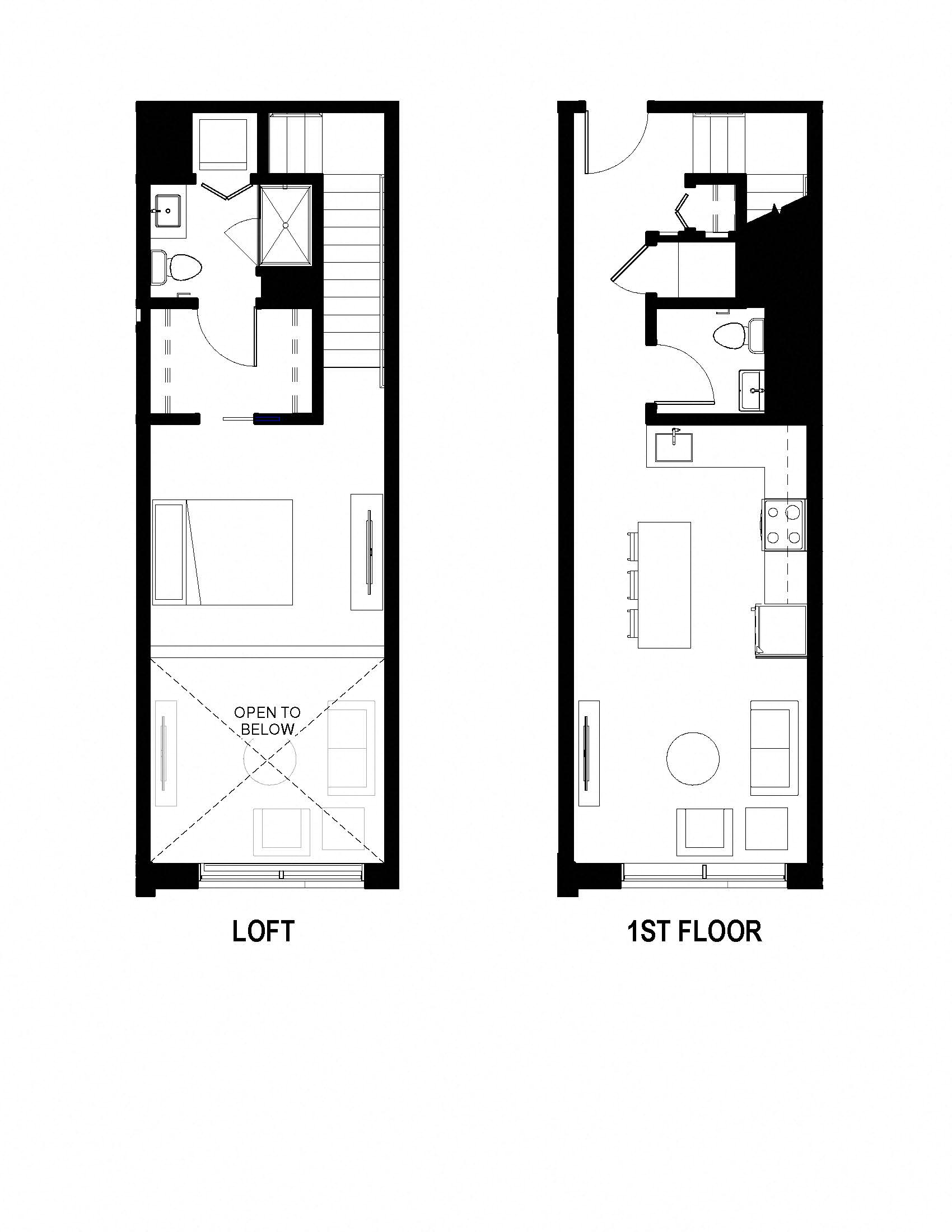 Floor plan for 1 bed, 1.5 baths, 756 sqft
